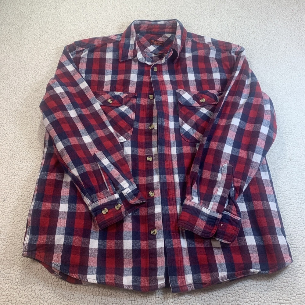 FiveBrother Flannel Shirt Mens L Red White Blue Plaid Button Down Workwear